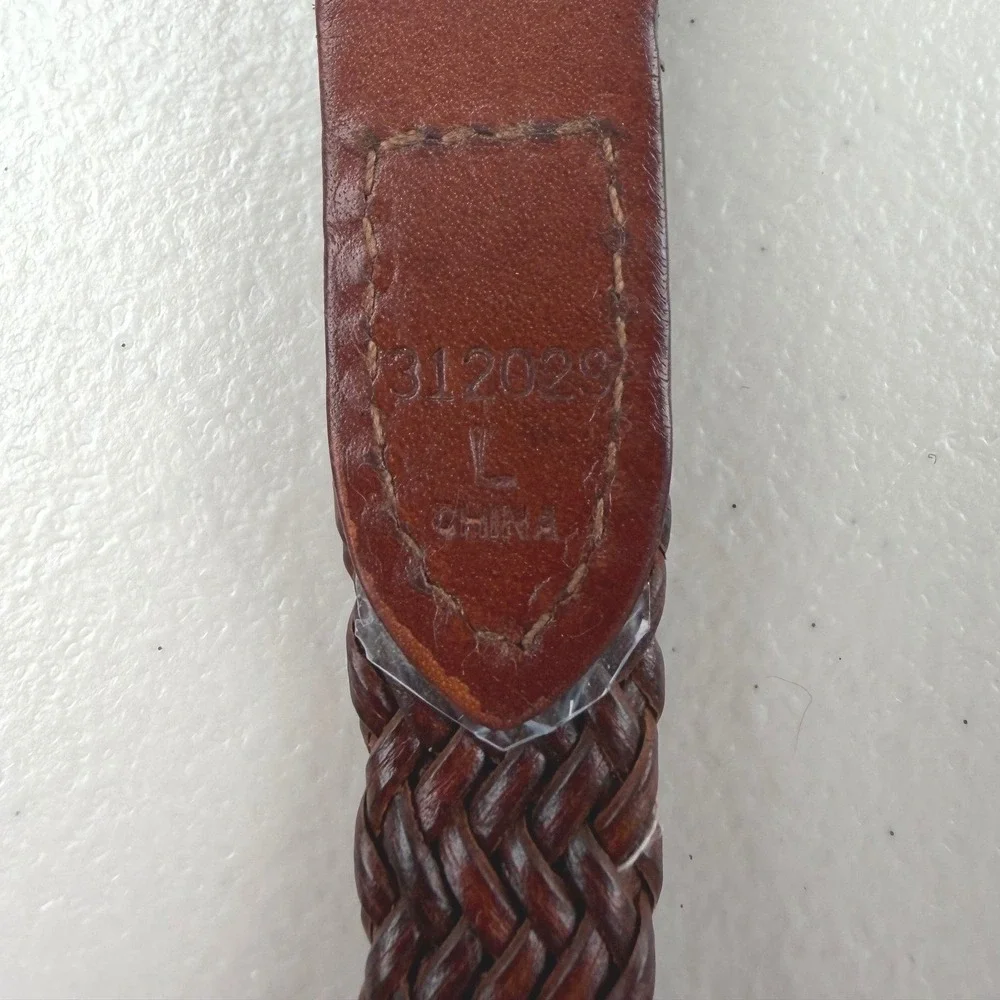Brown Braided‎ Leather Belt Silver Solid Brass Buckle Woven Skinny Large 41 Inch